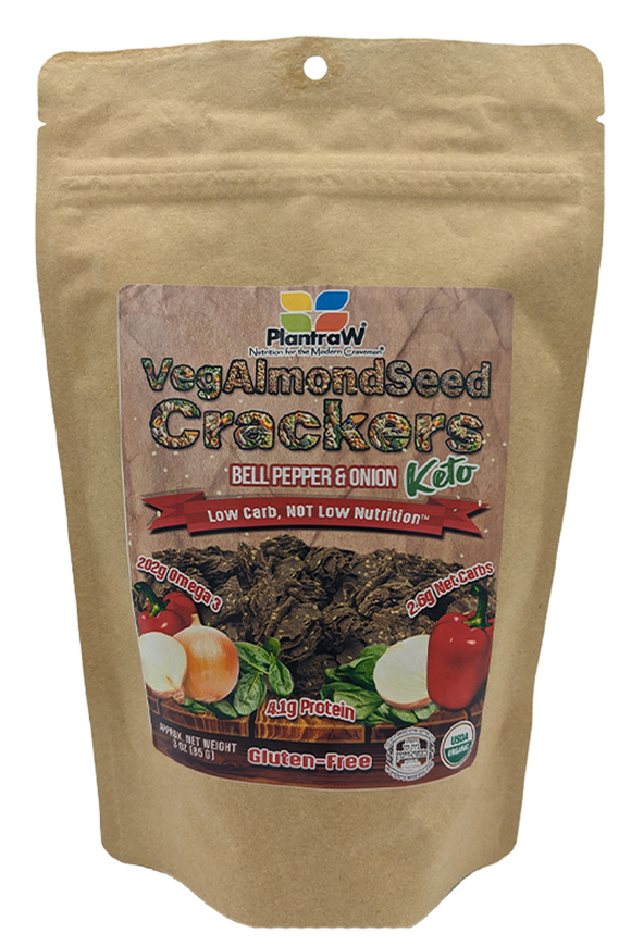 Veg-Almond-Seed Crackers - KETO BELL PEPPER & ONION (3oz): Gluten-Free, Dehydrated, Natural Crackers