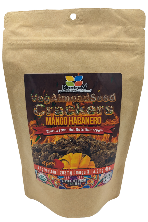 Veg-Almond-Seed Crackers - MANGO HABANERO (Spicy) (3oz): Gluten-Free, Dehydrated, Nutritious, Natural Crackers